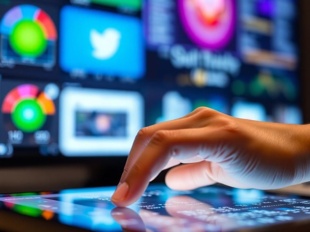 Mână navigând pe ecran digital, culori vibrante, focus clar.