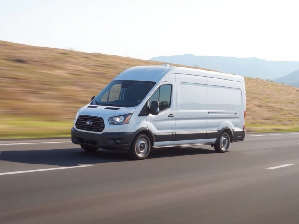 O camionetă de livrare care rulează pe o autostradă modernă.