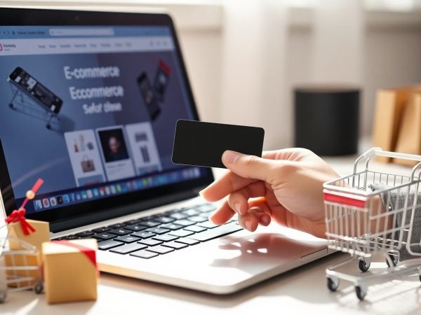 Laptop, card, cumpărături online, coș, succes.