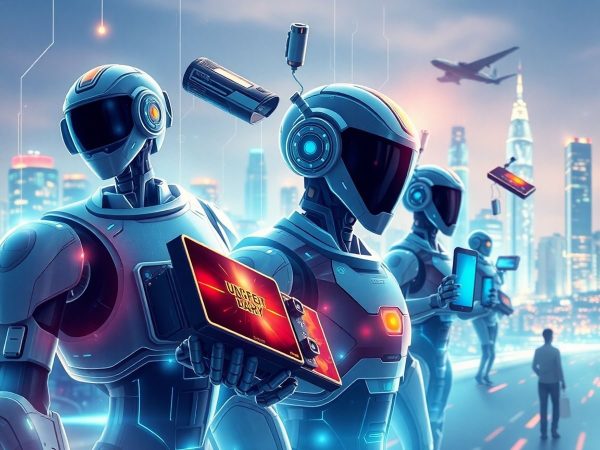 Tehnologie futuristă cu roboți și gadgeturi avansate.