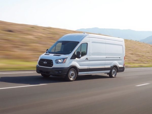 O camionetă de livrare care rulează pe o autostradă modernă.