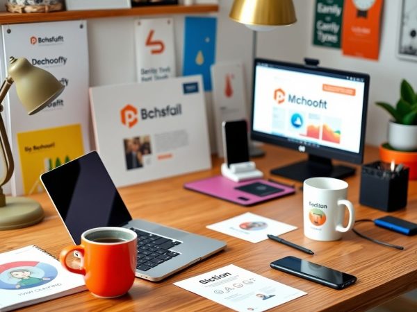 Birou modern cu laptop, cană de cafea și materiale de branding.