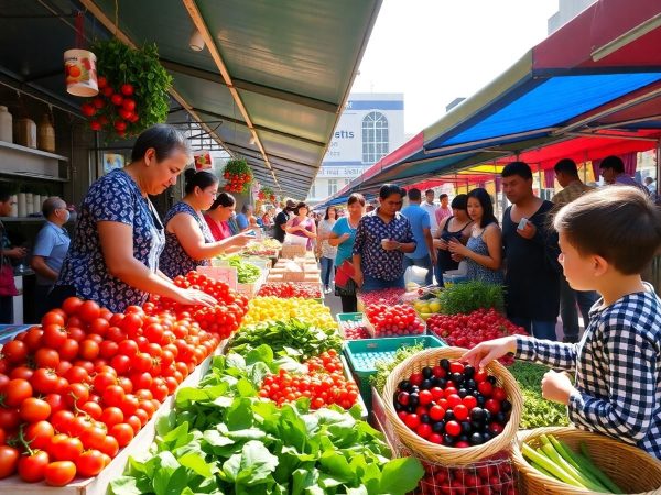 Piață locală plină de viață, cu produse proaspete și oameni.
